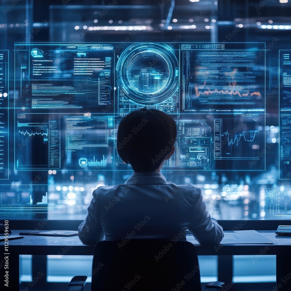 A person with short hair, viewed from the back, seated at a desk, interacting with a holographic interface showing data analysis, surrounded by a sleek, high-tech workspace A person with short hair, viewed from the back, seated at a desk, interacting with a holographic interface showing data analysis, surrounded by a sleek, high-tech workspace