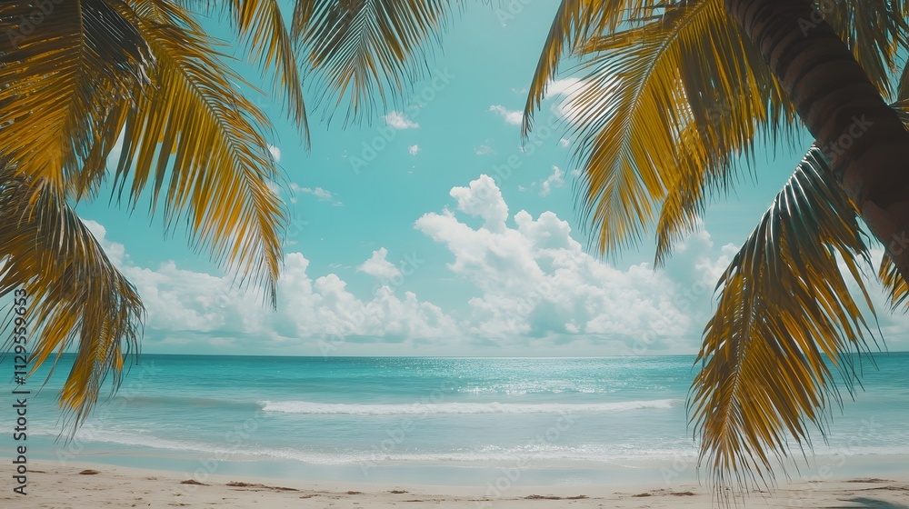 Fototapeta premium Low-angle shot of three palm trees, summer vibes, tropical background