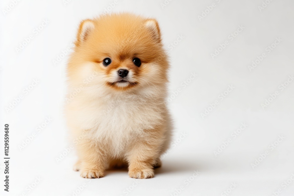 Adorable fluffy Pomeranian puppy sitting on white background. Adorable fluffy Pomeranian puppy sitting on white background.