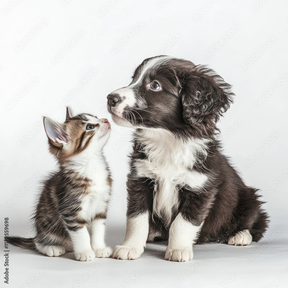 Adorable puppy and kitten sitting together, looking at each other against a white background. Adorable puppy and kitten sitting together, looking at each other against a white background.