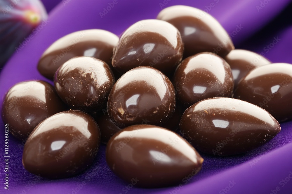 Close-up of chocolate-covered almonds on purple fabric. Close-up of chocolate-covered almonds on purple fabric.