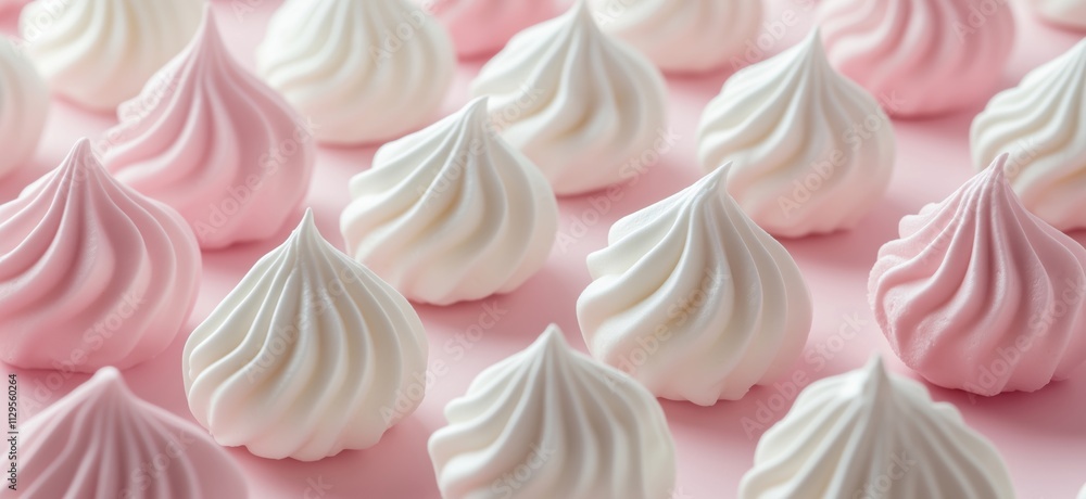 Meringue cookies arranged in rows, pink and white colors, soft texture, dessert display, pastel background, copy space for text Meringue cookies arranged in rows, pink and white colors, soft texture, dessert display, pastel background, copy space for text
