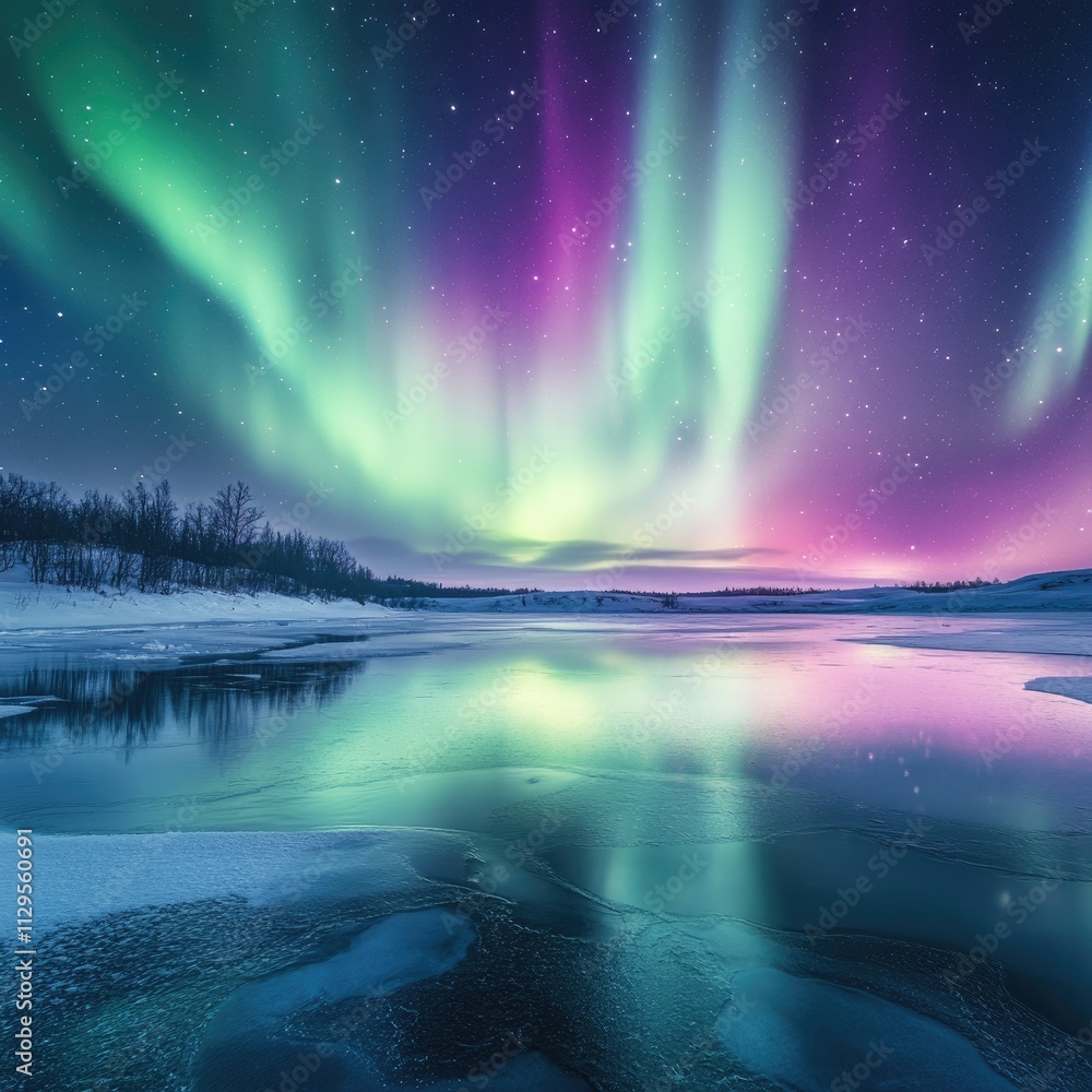 The aurora borealis dances above an icy lake, illuminating the night sky with vibrant green and purple hues, creating a breathtaking natural spectacle. The aurora borealis dances above an icy lake, illuminating the night sky with vibrant green and purple hues, creating a breathtaking natural spectacle.