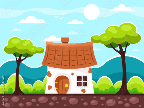 Cartoon country house where a gnome lives. Nature landscape, background with grass, forest, mountains and sky for game developing. Vector graphics