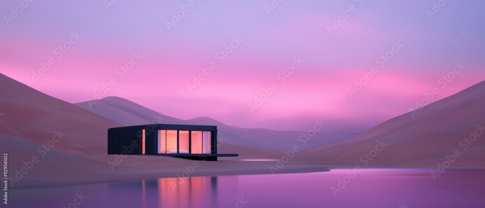 Digital illustration of a small black cabin in the middle of a desert landscape. the cabin is situated on the edge of a body of water, with the mountains in the background. Digital illustration of a small black cabin in the middle of a desert landscape. the cabin is situated on the edge of a body of water, with the mountains in the background.