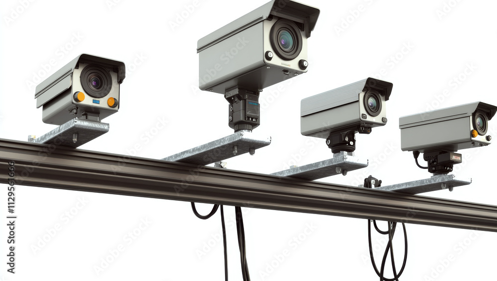 Four surveillance cameras mounted on a metal beam face different directions. Concept of security monitoring and surveillance technology. Four surveillance cameras mounted on a metal beam face different directions. Concept of security monitoring and surveillance technology.