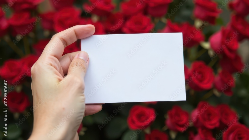 A hand holding a white card with empty space, set against a backdrop of red roses, perfect for creating personalized messages or romantic designs A hand holding a white card with empty space, set against a backdrop of red roses, perfect for creating personalized messages or romantic designs
