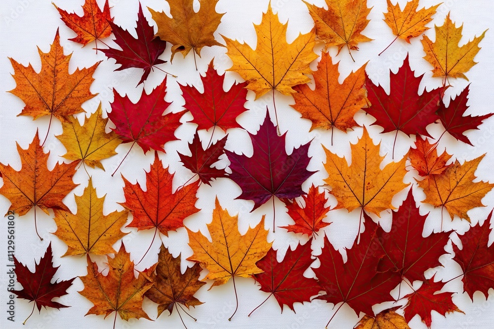 Colorful Golden and Crimson Maple Leaves Against White Background Colorful Golden and Crimson Maple Leaves Against White Background