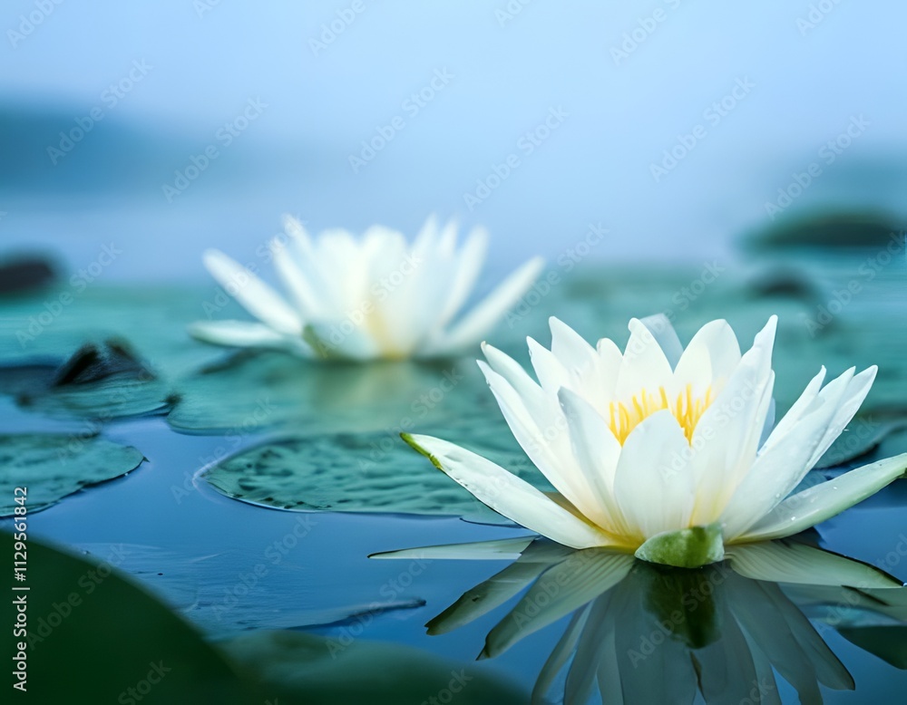 White water lily blooms in a misty lake White water lily blooms in a misty lake