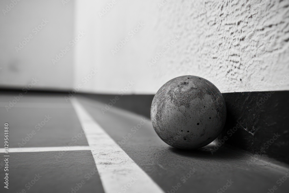 A small globe rests against a wall in a monochrome indoor setting. A small globe rests against a wall in a monochrome indoor setting.