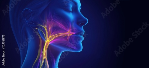 Neural pathways visualization, female profile with highlighted facial nerves, vibrant colors, anatomical illustration, digital art, copy space for text