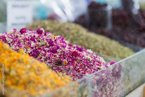 Close-up of dried herbal tea and flowers in a market in Ashgabat, Turkmenistan. Copy space photo