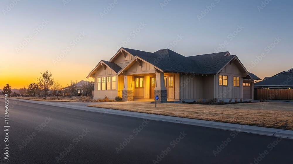 A Craftsman-style house standing quietly on an empty street, its sandy beige exterior glowing faintly under the warm rays of dawn A Craftsman-style house standing quietly on an empty street, its sandy beige exterior glowing faintly under the warm rays of dawn