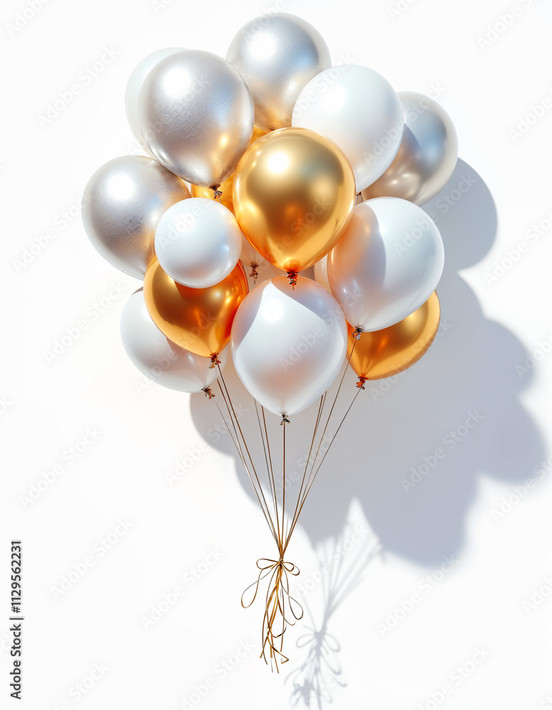 Elegant Balloon Arrangement with Silver, White, and Gold Balloons on White Background Elegant Balloon Arrangement with Silver, White, and Gold Balloons on White Background