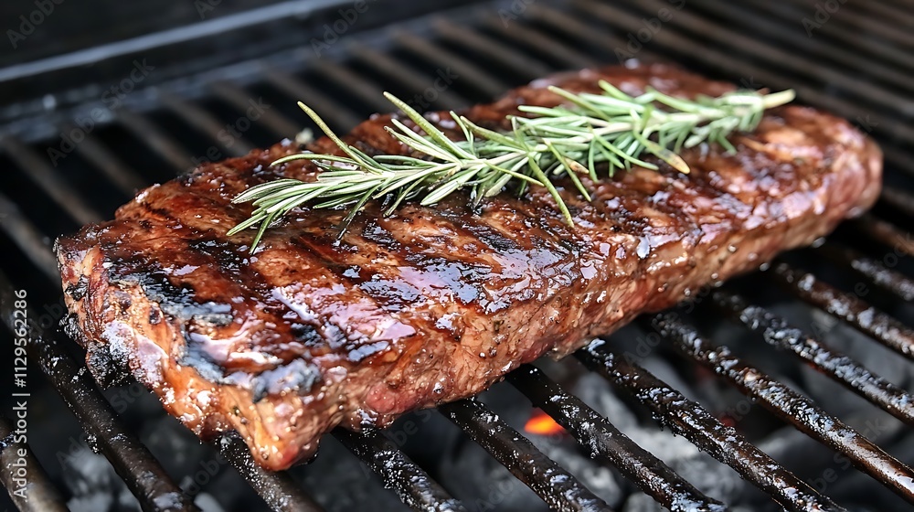 Rosemary Infused Grilled Steak Cooking On Grill Rosemary Infused Grilled Steak Cooking On Grill