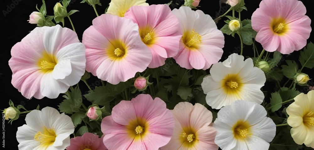 White, pink, and yellow mallow flowers blooming beautifully on a dark black background, colorful, elegant White, pink, and yellow mallow flowers blooming beautifully on a dark black background, colorful, elegant