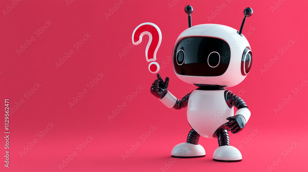 Cute robot with question mark on bright pink background engages in curiosity Cute robot with question mark on bright pink background engages in curiosity