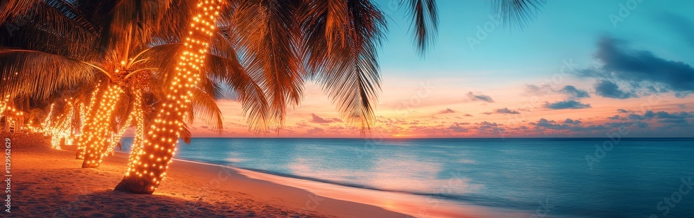 Tropical beach sunset with holiday-lit palm trees Tropical beach sunset with holiday-lit palm trees