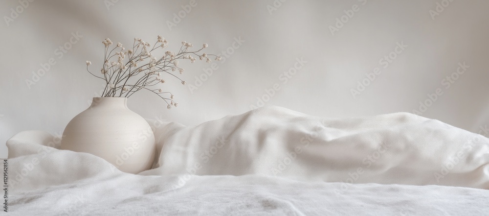 White vase with dried flowers on white fabric. White vase with dried flowers on white fabric.
