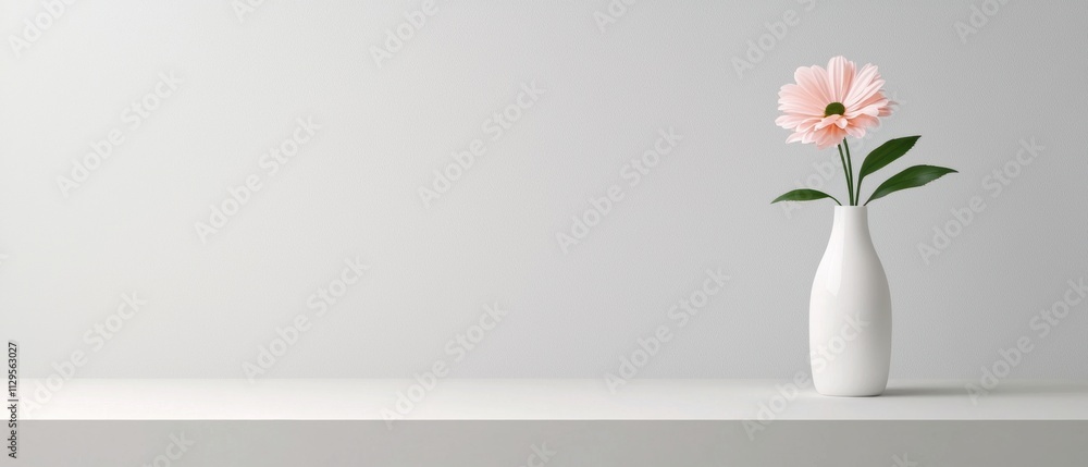 Single pink flower in a white vase on a white shelf. the vase is tall and slender with a narrow neck and a wide base. the flower has a single stem with green leaves and is in full bloom. Single pink flower in a white vase on a white shelf. the vase is tall and slender with a narrow neck and a wide base. the flower has a single stem with green leaves and is in full bloom.
