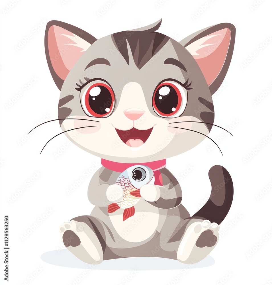 Cute cartoon kitten holding a small fish. Cute cartoon kitten holding a small fish.