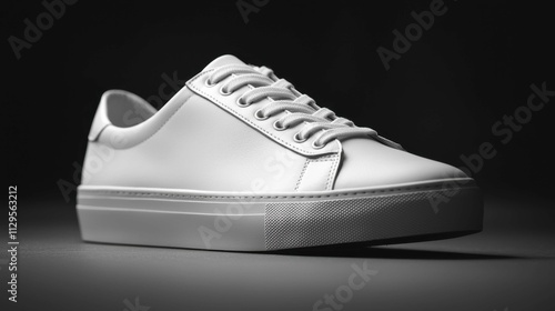 A close-up of elegant white sneakers, showcasing their sleek design and textured surface. Ideal for fashion enthusiasts and sneaker lovers. photo