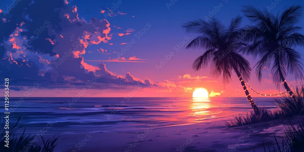 Tropical beach sunset with holiday-lit palm trees Tropical beach sunset with holiday-lit palm trees