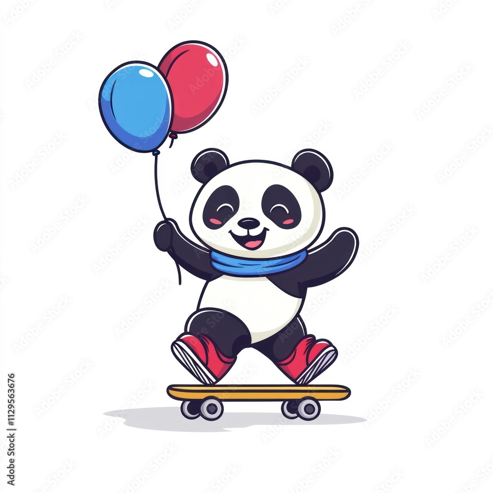 Happy panda on skateboard holding balloons. Happy panda on skateboard holding balloons.