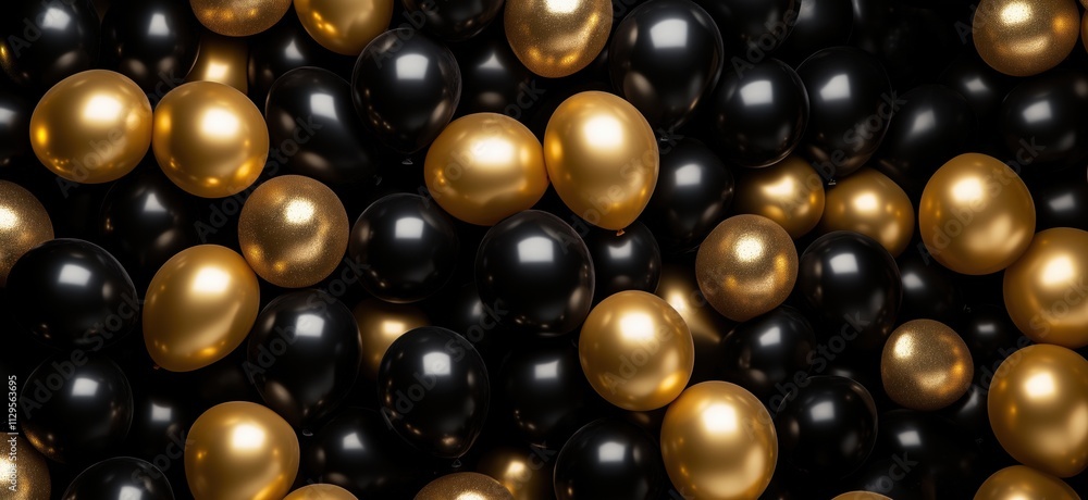 Black and Gold Balloons, festive arrangement of shiny black and gold balloons, various textures and finishes, perfect for celebrations, copy space for text Black and Gold Balloons, festive arrangement of shiny black and gold balloons, various textures and finishes, perfect for celebrations, copy space for text