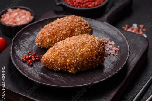 Delicious fresh cutlet or meatball Kiev style with filling photo