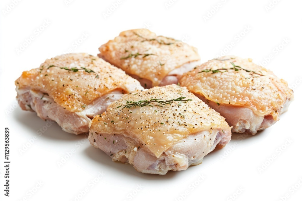Four seasoned chicken thighs, skin-side up, isolated on white. Four seasoned chicken thighs, skin-side up, isolated on white.