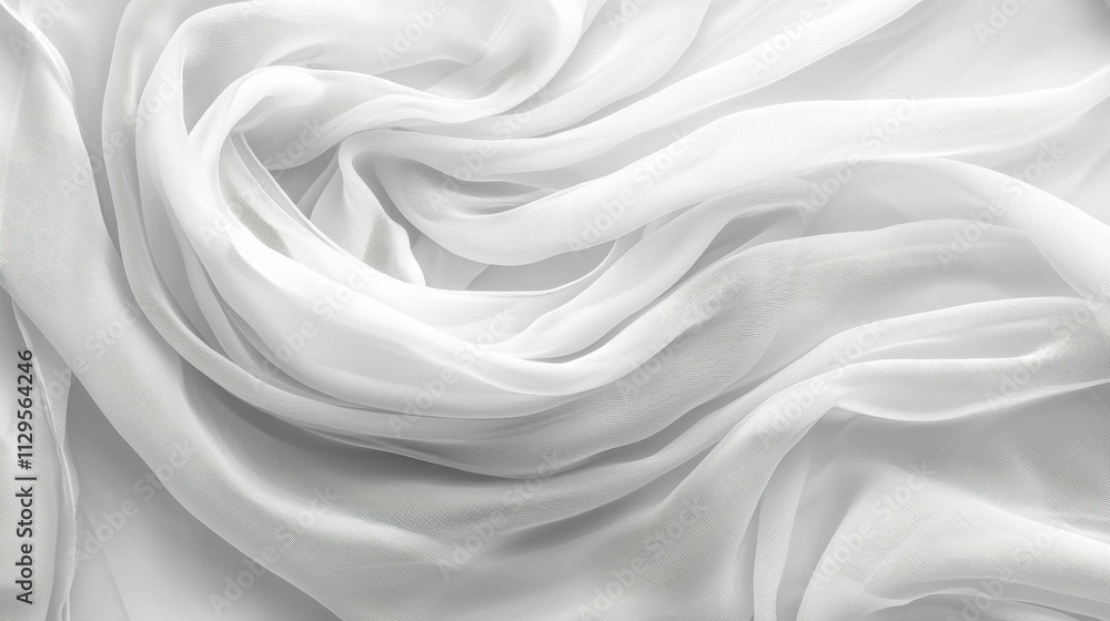 This image showcases a soft, sheer white fabric elegantly swirling in folds, highlighting its delicate texture and fluidity. This image showcases a soft, sheer white fabric elegantly swirling in folds, highlighting its delicate texture and fluidity.