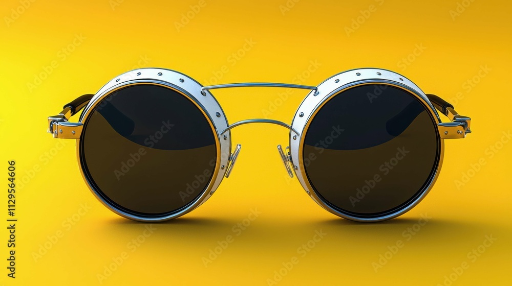 A close-up image of round, retro-style sunglasses against a bright yellow background, showcasing unique design features and a fashionable accessory. A close-up image of round, retro-style sunglasses against a bright yellow background, showcasing unique design features and a fashionable accessory.