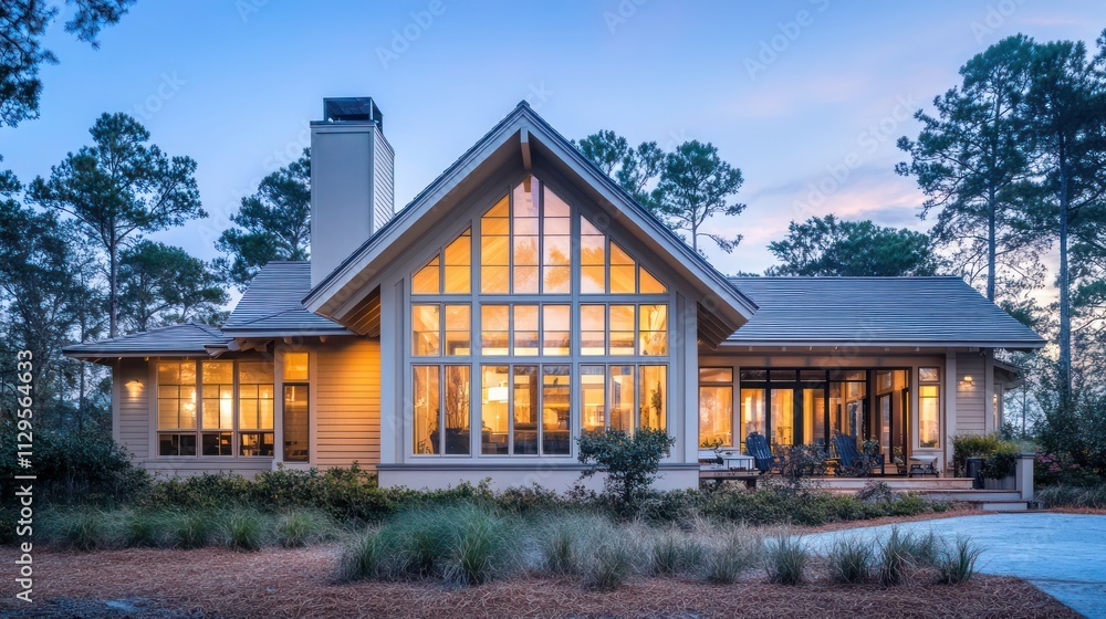 A Craftsman-style house with large glass windows, sandy beige siding, and a quiet front porch, bathed in the soft hues of sunrise A Craftsman-style house with large glass windows, sandy beige siding, and a quiet front porch, bathed in the soft hues of sunrise