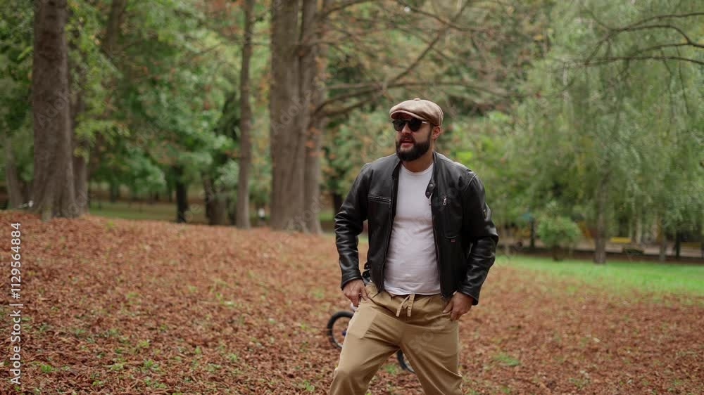 Man playfully poses in park with boy on bicycle. Concept of family entertainment.