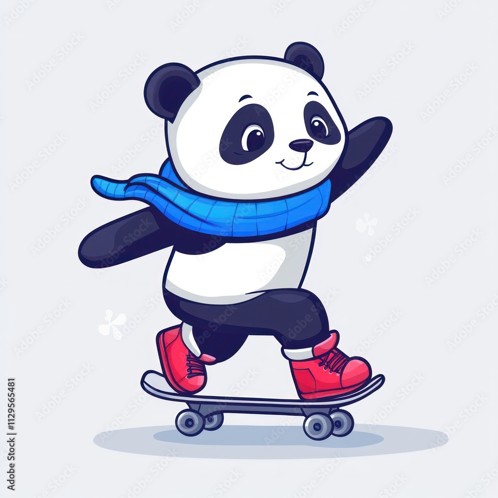 Cute panda skateboarding wearing a scarf and red shoes. Cute panda skateboarding wearing a scarf and red shoes.