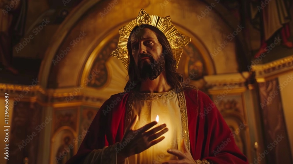 Naklejka premium Jesus in crown of thorns with red drops on his face.