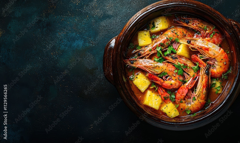 A vibrant dish featuring shrimp and pineapple in a rich sauce, garnished with herbs, served in a rustic bowl against a dark background. A vibrant dish featuring shrimp and pineapple in a rich sauce, garnished with herbs, served in a rustic bowl against a dark background.