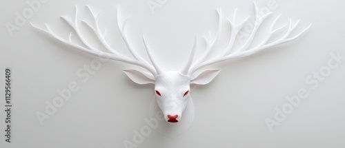 Digital illustration of a white deer head mounted on a plain white wall. the deer's head is in the center of the image, with its head facing towards the left side of the frame. photo