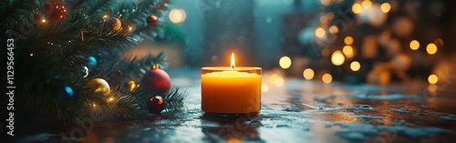 Glowing Candle with Pinecones and Ornaments photo