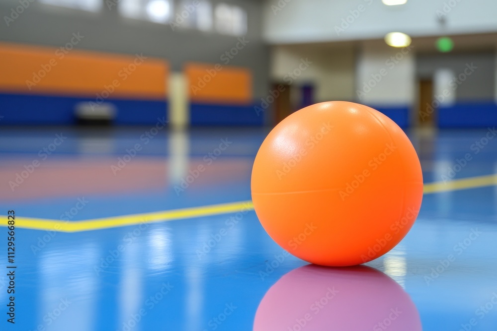 Orange ball on blue indoor court floor. Orange ball on blue indoor court floor.