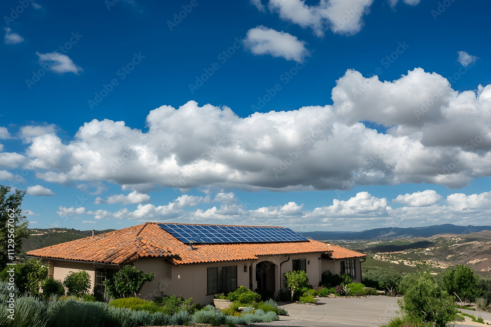 Solar-powered retreat set against a vibrant sky, showcasing natural beauty and sustainability in a peaceful hillside home during a sunny afternoon Solar-powered retreat set against a vibrant sky, showcasing natural beauty and sustainability in a peaceful hillside home during a sunny afternoon