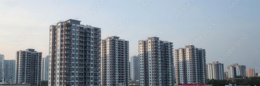 Aerial view of a sleek and contemporary module apartment block, skyline, exterior, apartment Aerial view of a sleek and contemporary module apartment block, skyline, exterior, apartment