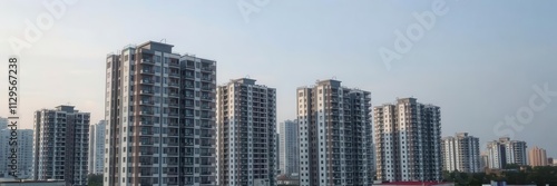 Aerial view of a sleek and contemporary module apartment block, skyline, exterior, apartment