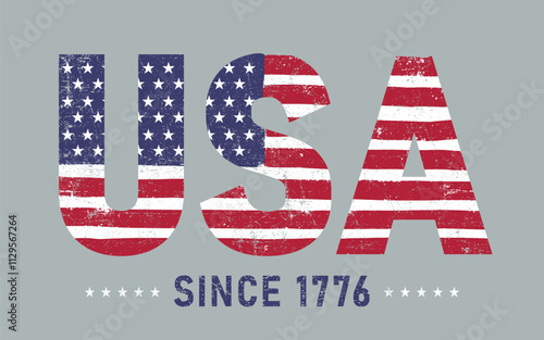 USA Since 1776 Flag Design. Template brush stroke grunge American flag USA since 1776. Vector flag on white background. Text, typography for t shirt, clothes, texture, pattern, background.