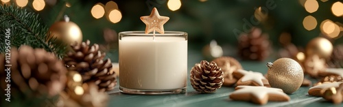 Glowing Candle with Pinecones and Ornaments photo