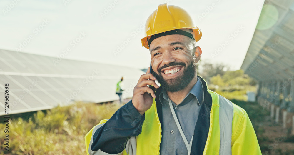 Happy engineer, solar power and man with phone call for photovoltaic plate inspection and troubleshooting. Electrical worker, client feedback and network integration for quality assurance on field Happy engineer, solar power and man with phone call for photovoltaic plate inspection and troubleshooting. Electrical worker, client feedback and network integration for quality assurance on field