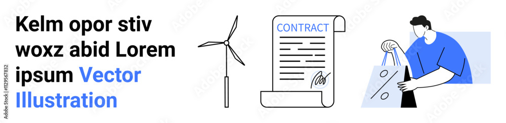 Man with shopping bags with percent signs, a contract document, and a wind turbine. Ideal for business agreements, financial transactions, shopping deals, green energy, contracts, commerce Man with shopping bags with percent signs, a contract document, and a wind turbine. Ideal for business agreements, financial transactions, shopping deals, green energy, contracts, commerce