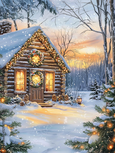 Festive snowy log cabin with glowing windows and garlands