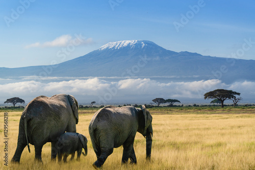 A family of elephants walks through a golden savanna with Mount Kilimanjaro in the background